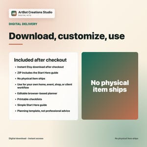 May include: A digital product information graphic from ArtBot Creations Studio. The text reads: Download, customize, use. Included after checkout: Instant Etsy download, ZIP includes Start Here guide, no physical item ships, editable planner, printable checklists, and planning template.