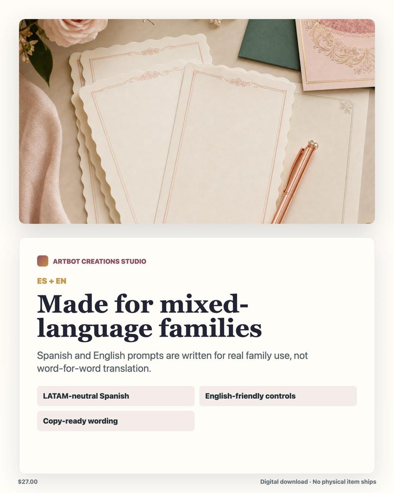 May include: A set of cream-colored stationery sheets with scalloped edges and thin, rose-gold decorative borders. A rose-gold metallic pen rests on the paper. The stationery features intricate, delicate line work at the top of each page.