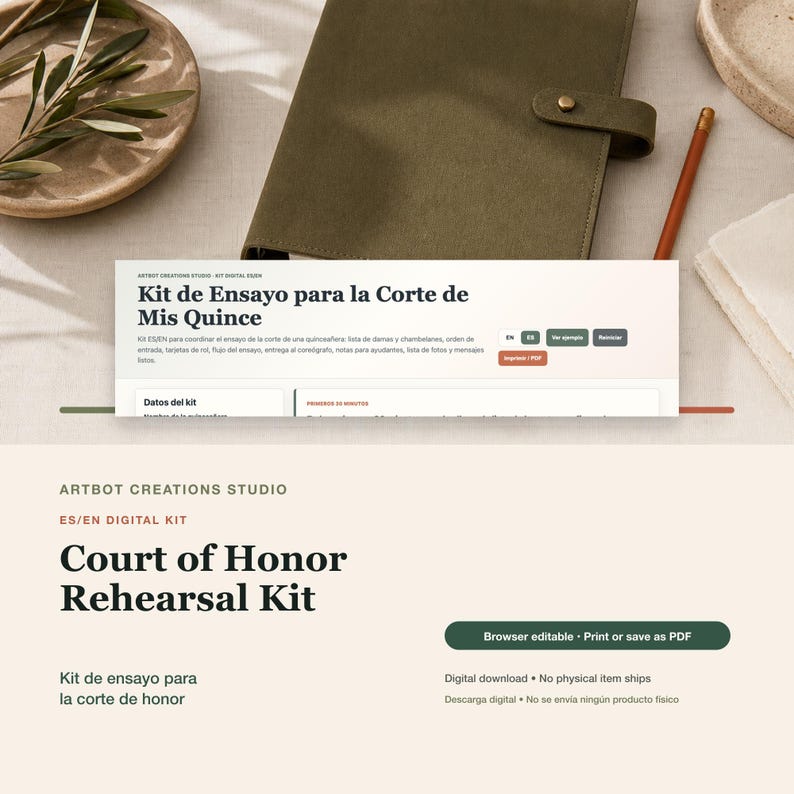 May include: A digital Court of Honor Rehearsal Kit by Artbot Creations Studio. The display shows text in Spanish and English, including 'Kit de Ensayo para la Corte de Mis Quince' and 'Court of Honor Rehearsal Kit', with buttons for browser editing and PDF saving.