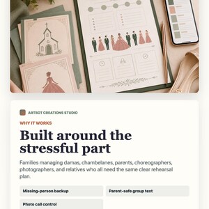May include: A wedding rehearsal planner on a clipboard featuring a timeline, checklist boxes, and an illustration of a wedding party. Beside it are two cards showing a church and a person in a gown, a gold pen, and a smartphone displaying a color palette.