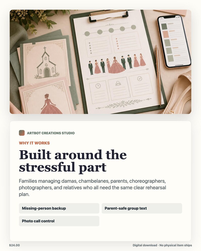 May include: A wedding rehearsal planner on a clipboard featuring a timeline, checklist boxes, and an illustration of a wedding party. Beside it are two cards showing a church and a person in a gown, a gold pen, and a smartphone displaying a color palette.