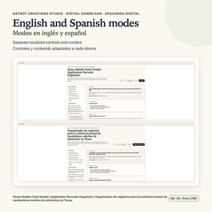 May include: A digital product display showing a Texas Mobile Food Vendor Application Records Organizer in English and Spanish. The interface features localized controls, form fields, and document management options for mobile food business owners.
