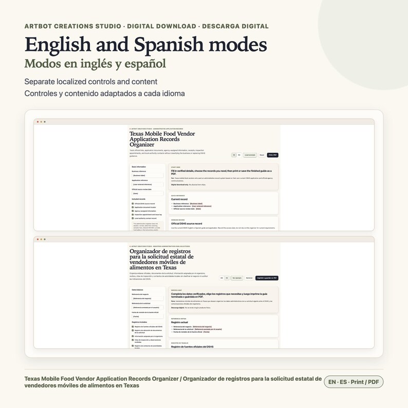 May include: A digital product display showing a Texas Mobile Food Vendor Application Records Organizer in English and Spanish. The interface features localized controls, form fields, and document management options for mobile food business owners.