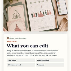 May include: A rehearsal coordination kit for a quincea&ntilde;era court of honor, featuring a clipboard with a printed planner, illustrated cards showing a church and a person in a gown, a gold pen, and a smartphone displaying a color-coded digital list.