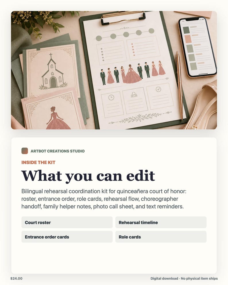 May include: A rehearsal coordination kit for a quincea&ntilde;era court of honor, featuring a clipboard with a printed planner, illustrated cards showing a church and a person in a gown, a gold pen, and a smartphone displaying a color-coded digital list.