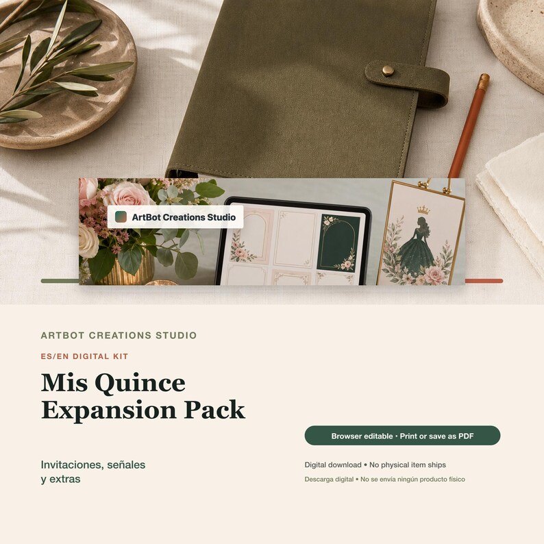 May include: A digital kit titled Mis Quince Expansion Pack by ArtBot Creations Studio, featuring a tablet displaying invitation templates with floral designs and a framed graphic of a person in a gown with a crown, alongside a notebook and pencil.
