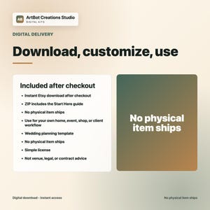 May include: Digital download graphic with the text "Download, customize, use." The image includes a list of features such as instant download, a start guide, and a wedding planning template. The image states "No physical item ships."