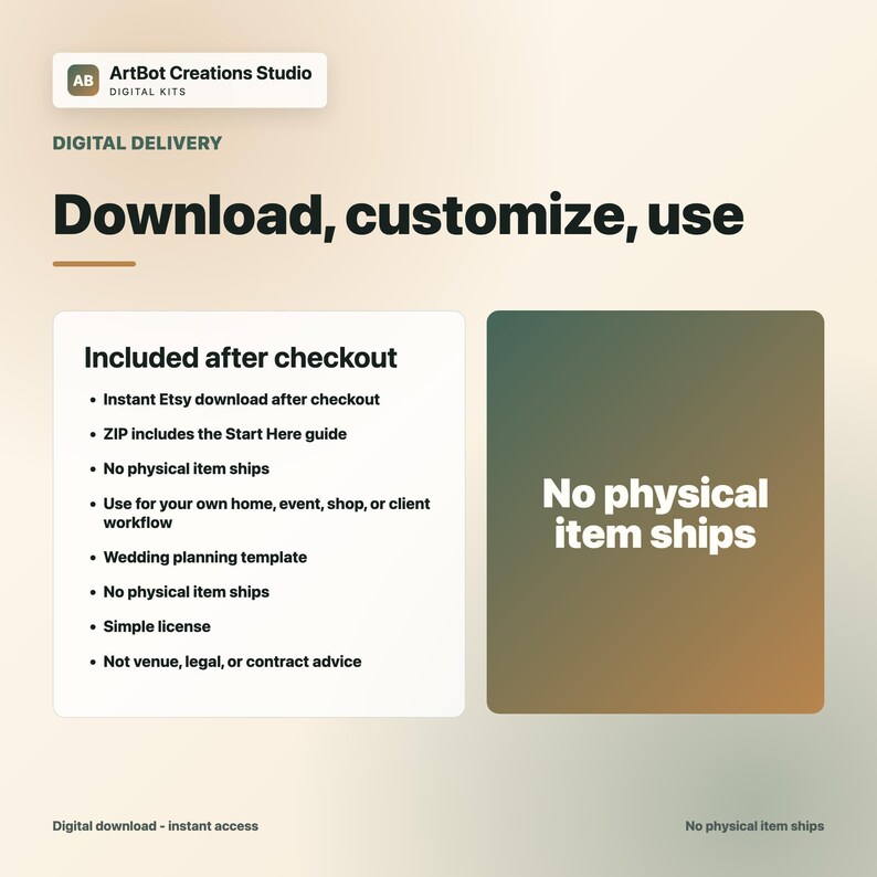 May include: Digital download graphic with the text "Download, customize, use." The image includes a list of features such as instant download, a start guide, and a wedding planning template. The image states "No physical item ships."