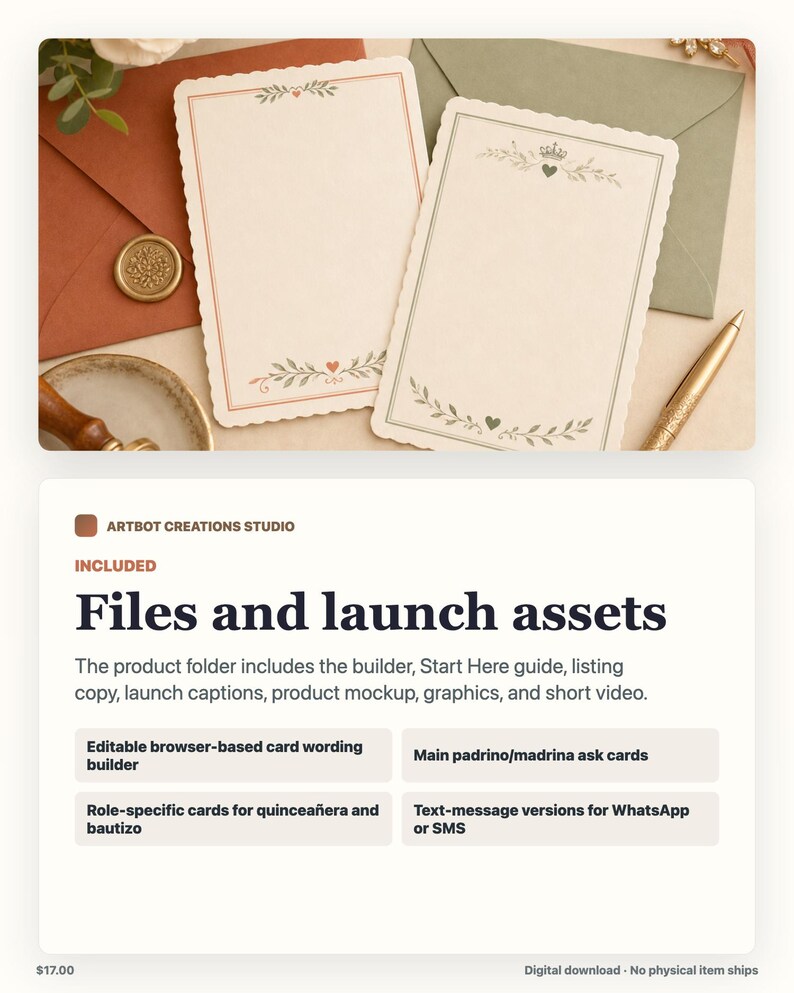 May include: Two rectangular cards with scalloped edges featuring botanical illustrations of leaves, hearts, and a crown. One card has a red border, and the other has a green border. They are displayed alongside a gold pen and colored envelopes.