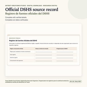 May include: A digital download template titled Official DSHS source record, featuring a table for tracking mobile food vendor application documents, including columns for official pages, links, dates, and questions in a clean, organized layout.
