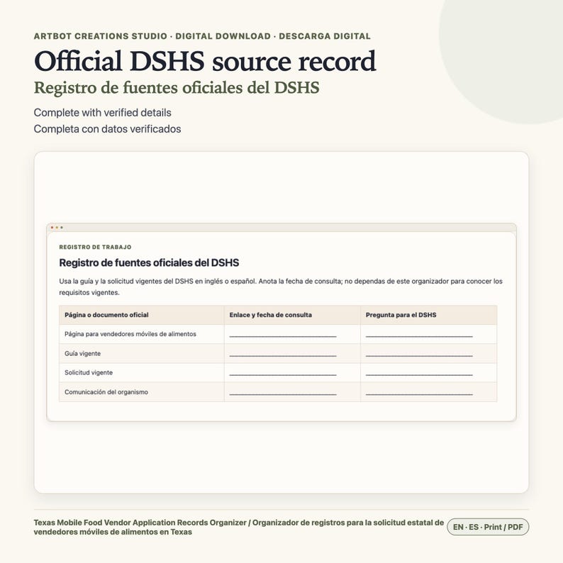 May include: A digital download template titled Official DSHS source record, featuring a table for tracking mobile food vendor application documents, including columns for official pages, links, dates, and questions in a clean, organized layout.