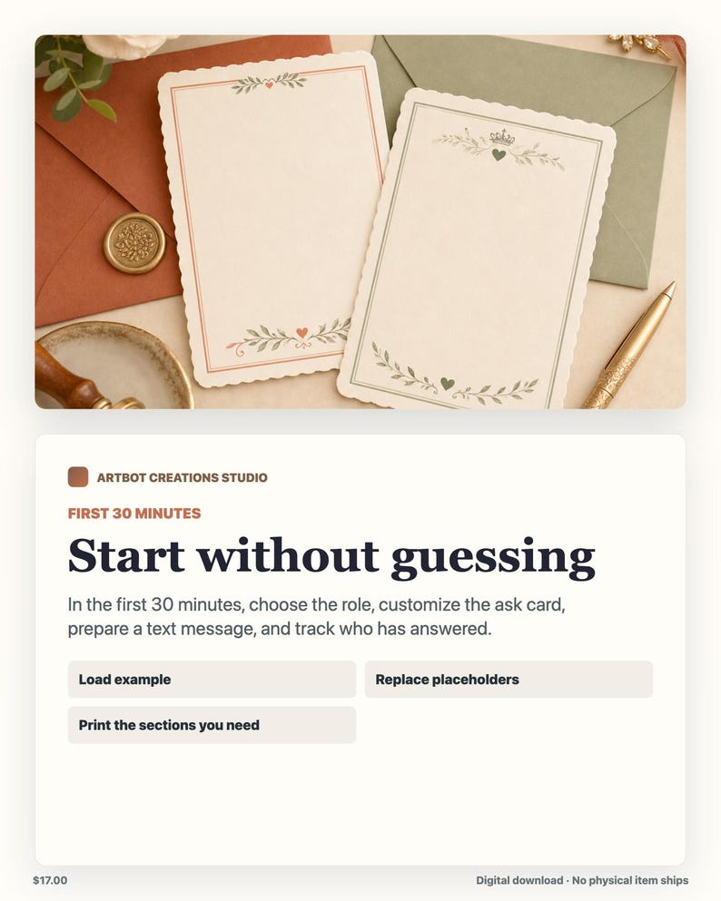 May include: Two rectangular stationery cards with scalloped edges. The left card features a thin orange border with leaf and heart motifs. The right card has a green border with a crown, heart, and leaf design. Both cards are blank inside.