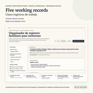 K&ouml;nnte beinhalten: Eine digitale Vorlage f&uuml;r einen Haushalts-Sturmvorbereitungs-Organizer mit Abschnitten f&uuml;r Kontaktinformationen, lokale Pl&auml;ne, Dokumentenstandorte, Inventarlisten und Ausgabenprotokolle, mit Texten in Englisch und Spanisch.