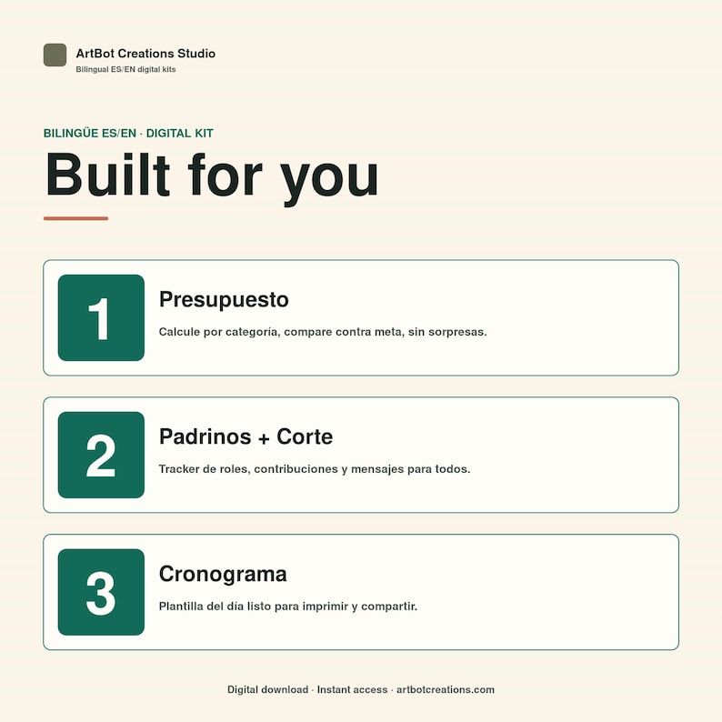 May include: A digital kit information sheet titled Built for you by ArtBot Creations Studio. It lists three sections: 1 Presupuesto, 2 Padrinos + Corte, and 3 Cronograma, each with a brief Spanish description. The layout uses dark green squares.