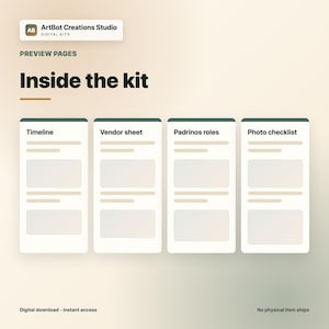 May include: Image of a digital kit preview with the text "Inside the kit." Four rectangular cards display titles: Timeline, Vendor sheet, Padrinos roles, and Photo checklist. The ArtBot Creations Studio logo is in the top left corner.