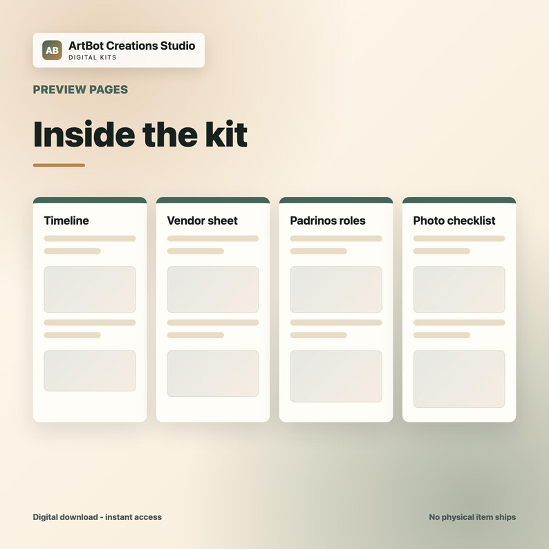 May include: Image of a digital kit preview with the text "Inside the kit." Four rectangular cards display titles: Timeline, Vendor sheet, Padrinos roles, and Photo checklist. The ArtBot Creations Studio logo is in the top left corner.