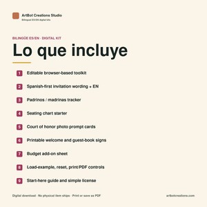 May include: A digital kit information graphic titled Lo que incluye, listing nine items: editable browser-based toolkit, Spanish-first invitation wording, Padrinos/madrinas tracker, seating chart starter, photo prompt cards, signs, budget sheet, controls, and guide.