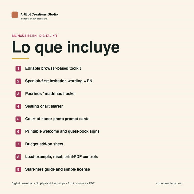 May include: A digital kit information graphic titled Lo que incluye, listing nine items: editable browser-based toolkit, Spanish-first invitation wording, Padrinos/madrinas tracker, seating chart starter, photo prompt cards, signs, budget sheet, controls, and guide.