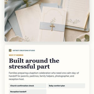 May include: A set of cream-colored stationery featuring light blue paper bands, gold-toned cross embellishments, and delicate floral illustrations. The collection includes folded cards, envelopes, and a lined checklist with a gold pen.