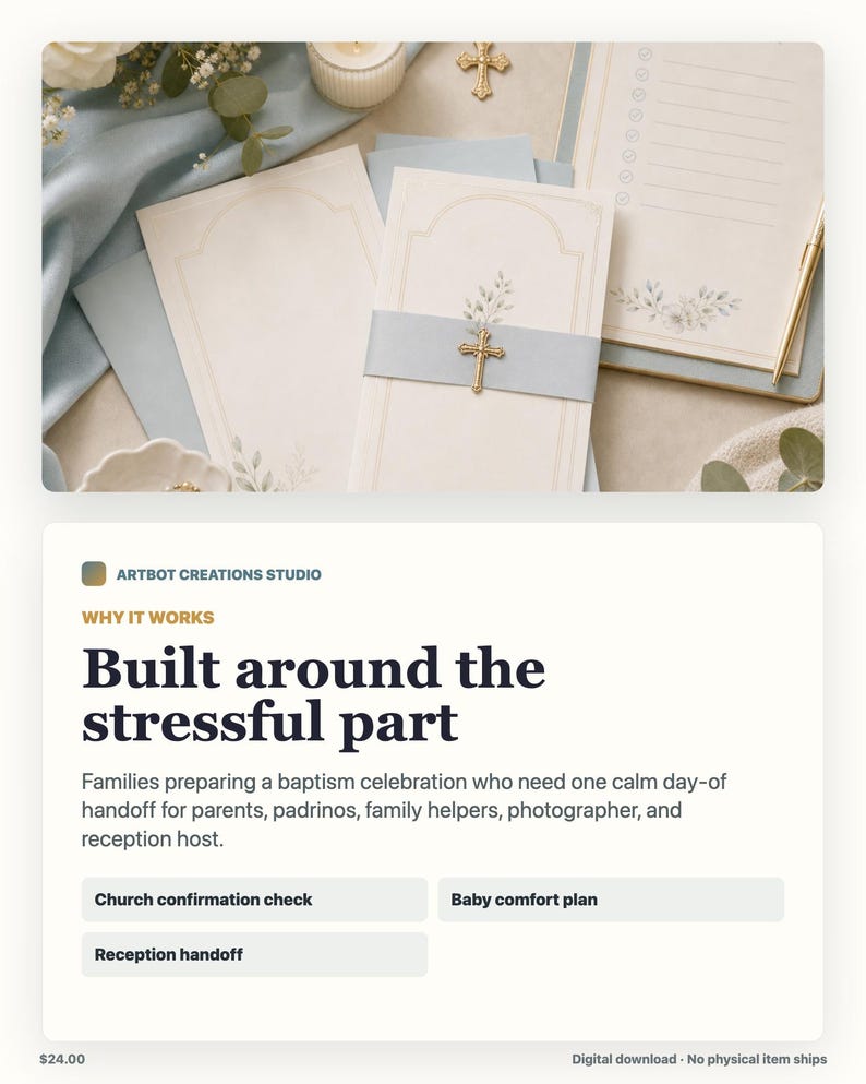 May include: A set of cream-colored stationery featuring light blue paper bands, gold-toned cross embellishments, and delicate floral illustrations. The collection includes folded cards, envelopes, and a lined checklist with a gold pen.