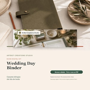 May include: An olive green binder with a gold snap closure, a pencil, a white flower arrangement in a glass vase, a gold wire organizer with cards, a small bowl with gold clips, a candle, and an open planner with white pages and gold rings.