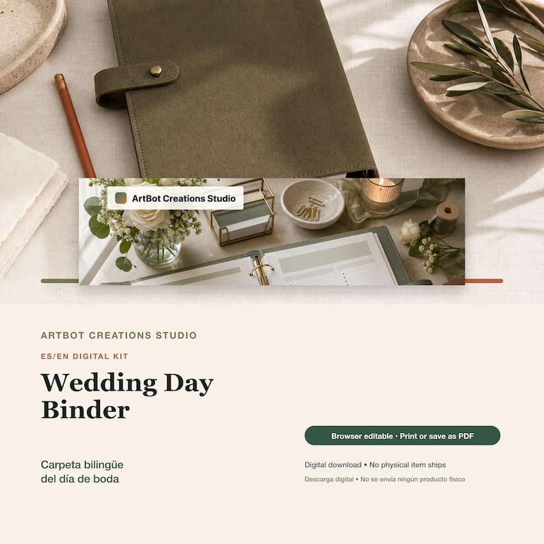May include: An olive green binder with a gold snap closure, a pencil, a white flower arrangement in a glass vase, a gold wire organizer with cards, a small bowl with gold clips, a candle, and an open planner with white pages and gold rings.