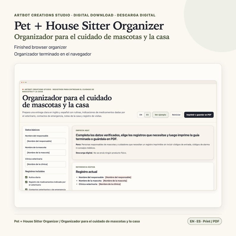 Pet Sitter Instructions Spanish English | House Care Organizer image 1