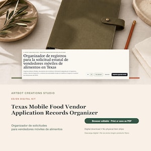 May include: A digital kit titled Texas Mobile Food Vendor Application Records Organizer by Artbot Creations Studio. The interface includes text in Spanish and English, buttons for language selection, and a button to print or save as a PDF file.