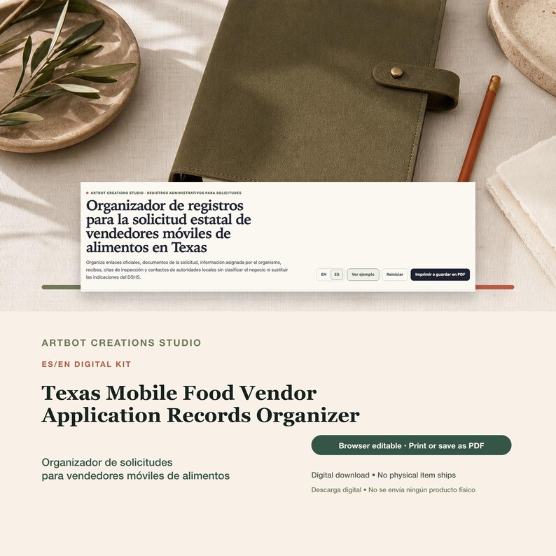 May include: A digital kit titled Texas Mobile Food Vendor Application Records Organizer by Artbot Creations Studio. The interface includes text in Spanish and English, buttons for language selection, and a button to print or save as a PDF file.