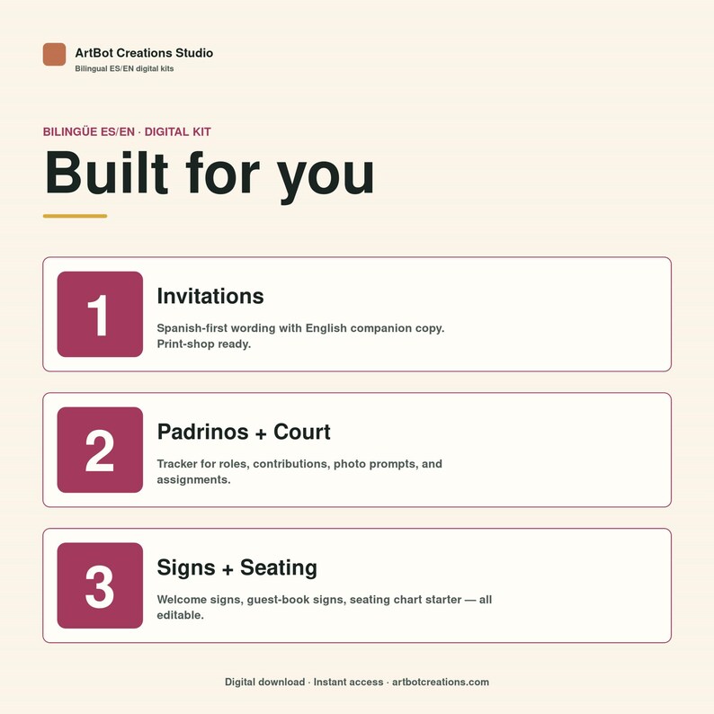 May include: A digital kit information graphic titled Built for you by ArtBot Creations Studio. It lists three sections: 1. Invitations with Spanish-first wording, 2. Padrinos + Court for roles and assignments, and 3. Signs + Seating for editable templates.