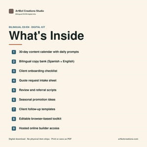 Peut inclure: Un graphique d'information sur un kit num&eacute;rique intitul&eacute; What's Inside, &eacute;num&eacute;rant neuf &eacute;l&eacute;ments dont un calendrier de contenu de 30 jours, une banque de textes bilingues, une liste de contr&ocirc;le d'int&eacute;gration client, des mod&egrave;les et une bo&icirc;te &agrave; outils.
