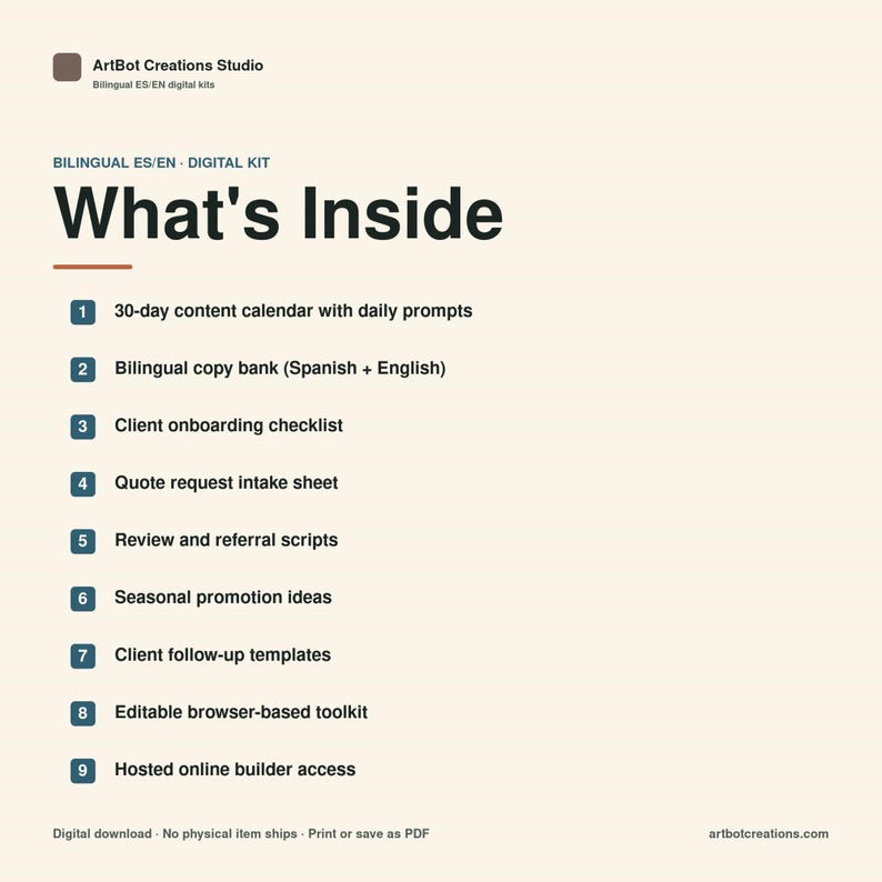 Peut inclure: Un graphique d'information sur un kit num&eacute;rique intitul&eacute; What's Inside, &eacute;num&eacute;rant neuf &eacute;l&eacute;ments dont un calendrier de contenu de 30 jours, une banque de textes bilingues, une liste de contr&ocirc;le d'int&eacute;gration client, des mod&egrave;les et une bo&icirc;te &agrave; outils.