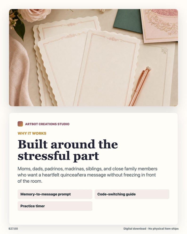 May include: A set of cream-colored stationery sheets with scalloped edges and thin, rose-gold decorative borders. A matching rose-gold metallic pen rests beside the paper, which features intricate, delicate floral line art at the top center.