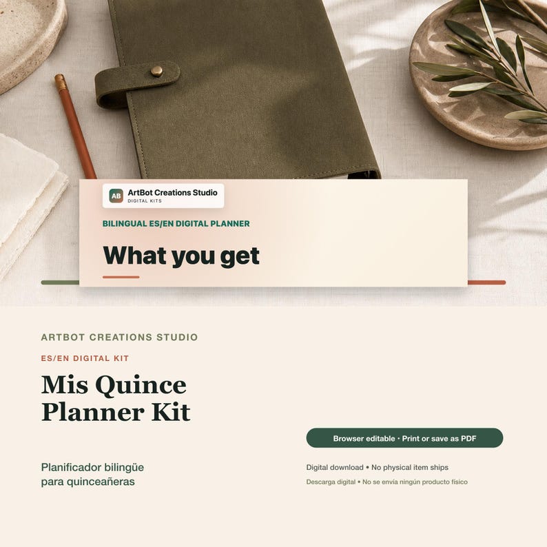 May include: A digital planner kit titled Mis Quince Planner Kit by ArtBot Creations Studio. The graphic features text including What you get, Bilingual ES/EN digital planner, and Browser editable. Print or save as PDF. Digital download.