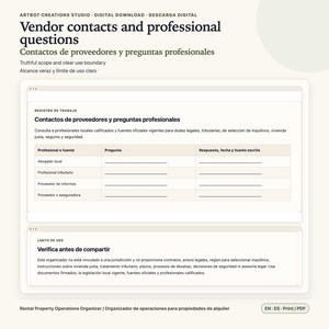 May include: A digital document template titled Vendor contacts and professional questions. It features a table for tracking professional inquiries, including columns for source, question, and response, plus a section for usage limits and verification.
