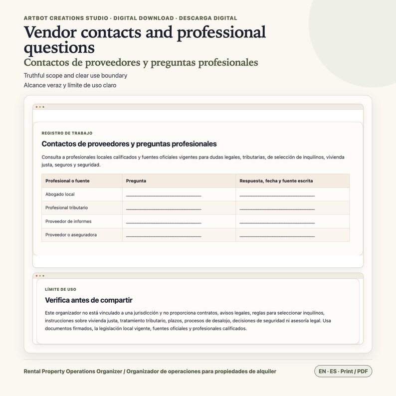 May include: A digital document template titled Vendor contacts and professional questions. It features a table for tracking professional inquiries, including columns for source, question, and response, plus a section for usage limits and verification.