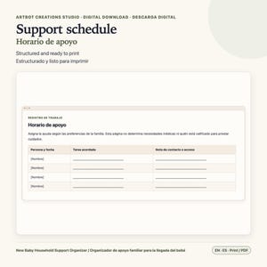 May include: A digital download support schedule template featuring a beige and white color scheme. The document includes the text 'Support schedule', 'Horario de apoyo', and a table with columns for 'Persona y fecha', 'Tarea acordada', and 'Nota de contacto o acceso' for organizing household tasks.