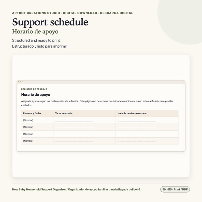 May include: A digital download support schedule template featuring a beige and white color scheme. The document includes the text 'Support schedule', 'Horario de apoyo', and a table with columns for 'Persona y fecha', 'Tarea acordada', and 'Nota de contacto o acceso' for organizing household tasks.
