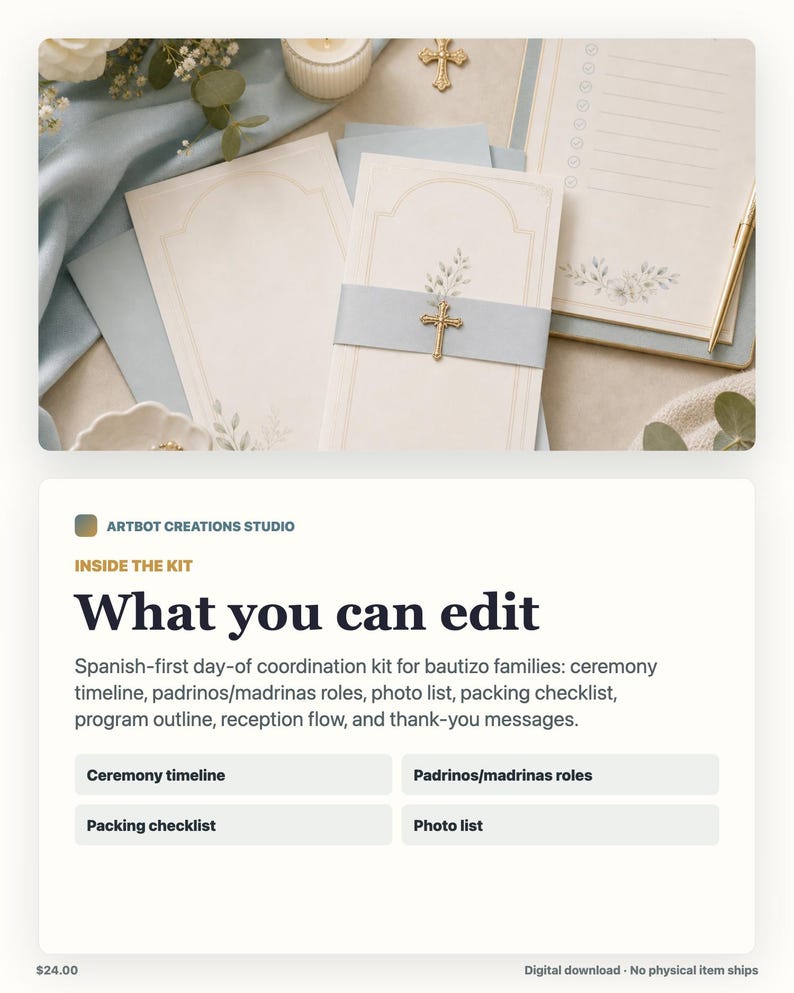 May include: A baptism coordination kit featuring cream-colored stationery with delicate floral illustrations, light blue paper bands, and gold-toned cross embellishments. The set includes multiple cards, a checklist, and a gold pen on a neutral surface.