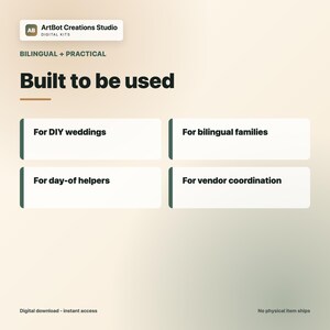May include: A digital information graphic with the text ArtBot Creations Studio, Bilingual + Practical, Built to be used, For DIY weddings, For bilingual families, For day-of helpers, and For vendor coordination, presented in a clean, organized layout.