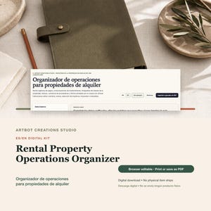 May include: A digital rental property operations organizer kit by Artbot Creations Studio. The interface features the text Rental Property Operations Organizer, browser editable options, and a print or save as PDF button. It is a digital download.