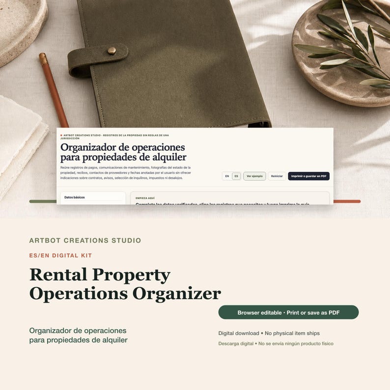 May include: A digital rental property operations organizer kit by Artbot Creations Studio. The interface features the text Rental Property Operations Organizer, browser editable options, and a print or save as PDF button. It is a digital download.