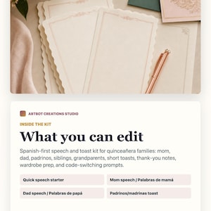 May include: A set of cream-colored stationery cards with scalloped edges and thin rose gold border detailing, accompanied by a rose gold pen. The cards feature text regarding a speech and toast kit for quincea&ntilde;era families, including sections for parents, godparents, and siblings.