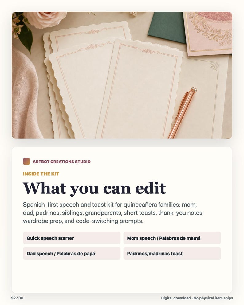 May include: A set of cream-colored stationery cards with scalloped edges and thin rose gold border detailing, accompanied by a rose gold pen. The cards feature text regarding a speech and toast kit for quincea&ntilde;era families, including sections for parents, godparents, and siblings.