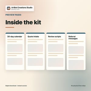 Peut inclure: Une page de pr&eacute;visualisation de kit num&eacute;rique intitul&eacute;e Inside the kit, pr&eacute;sentant quatre cartes verticales intitul&eacute;es 30-day calendar, Quote intake, Review scripts et Referral messages. Chaque carte contient des lignes de texte et des cadres.