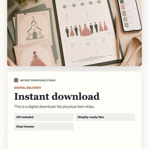 May include: A wedding planner template on a clipboard featuring a line of illustrated figures, a church graphic, and a smartphone displaying a color palette. The stationery set includes cards with a church and a person in a gown in muted tones.