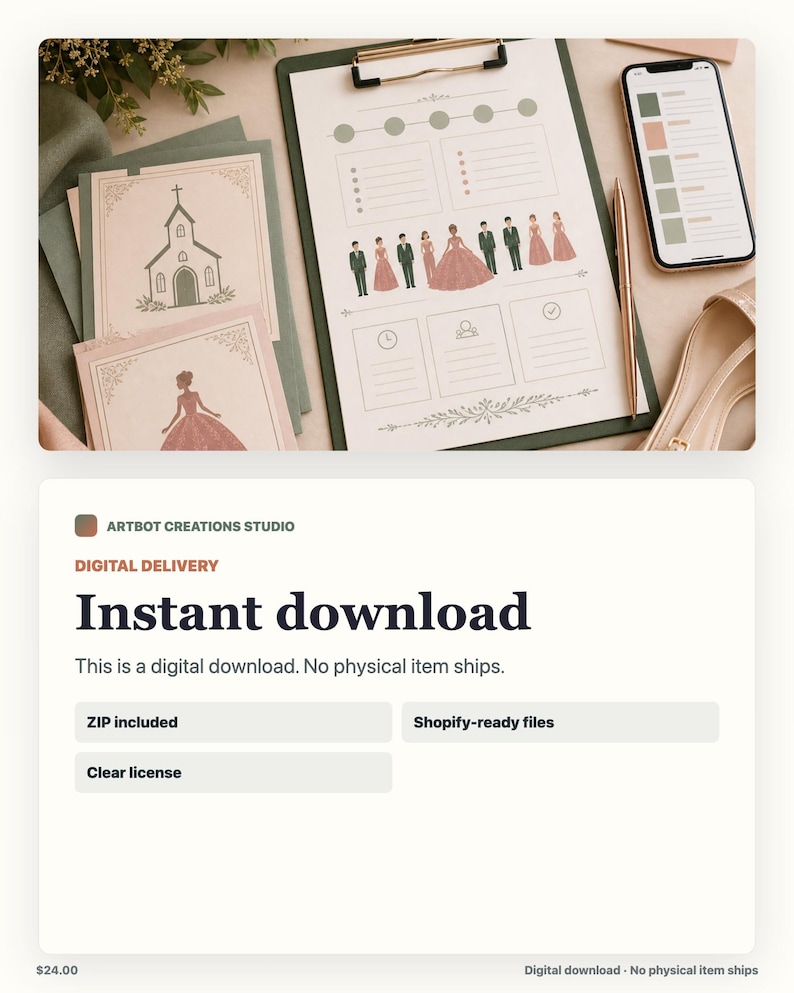 May include: A wedding planner template on a clipboard featuring a line of illustrated figures, a church graphic, and a smartphone displaying a color palette. The stationery set includes cards with a church and a person in a gown in muted tones.