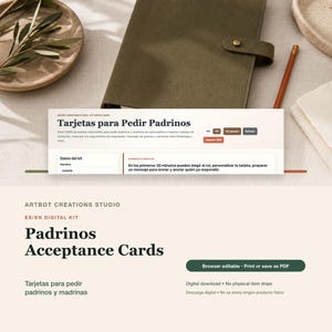 May include: A digital kit for Padrinos Acceptance Cards by Artbot Creations Studio. The interface displays text in Spanish and English, including options for browser editing, printing, or saving as a PDF. The design features a clean layout.