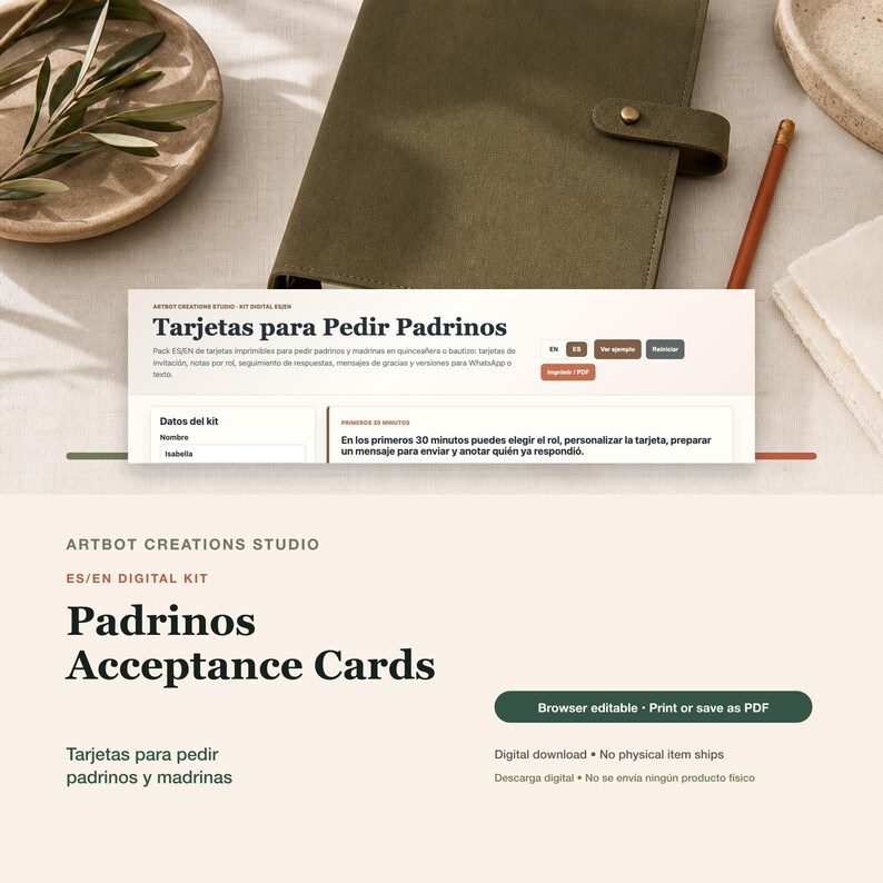 May include: A digital kit for Padrinos Acceptance Cards by Artbot Creations Studio. The interface displays text in Spanish and English, including options for browser editing, printing, or saving as a PDF. The design features a clean layout.