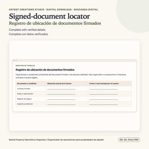 May include: A digital document template titled Signed-document locator with a table for tracking signed contracts, authorizations, insurance records, and professional advice, featuring columns for document type, source location, and user notes.